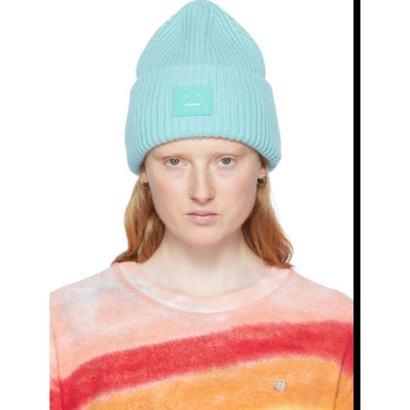 Acne Studios Pansy Turquoise Logo Ribbed Wool Face Beanie - Picture 1 of 8